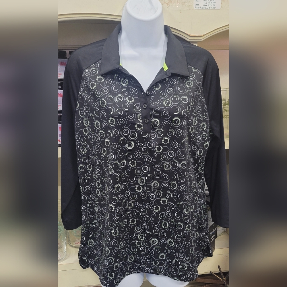 PGA Tour Black and Gray Patterned Womens Polo